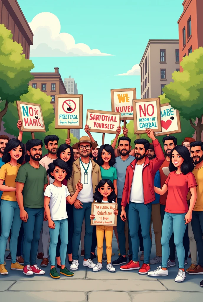 Create a cartoon for me that is based on article 2, section 12, of the Political Constitution of Peru, There are signs that demand no to weapons and to take care of oneself