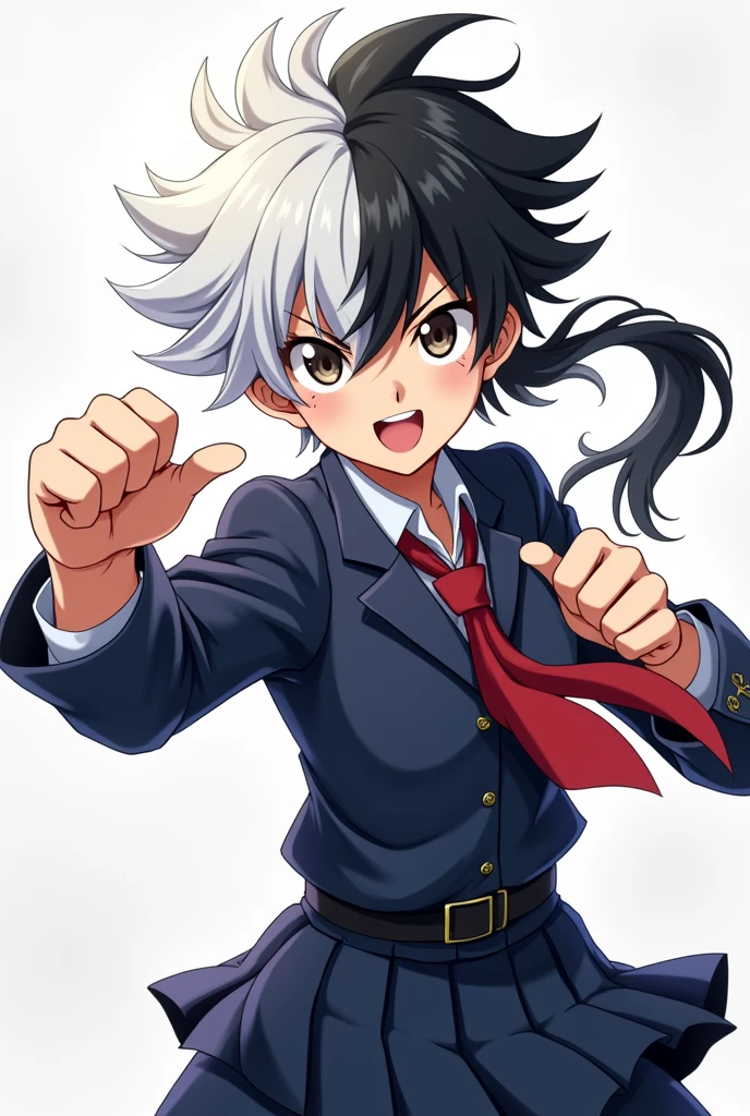 Make an anime character of 1,70 with 15 years old, messy white hair on top and black on the bottom, dark blue Japanese school uniform in a fighting pose