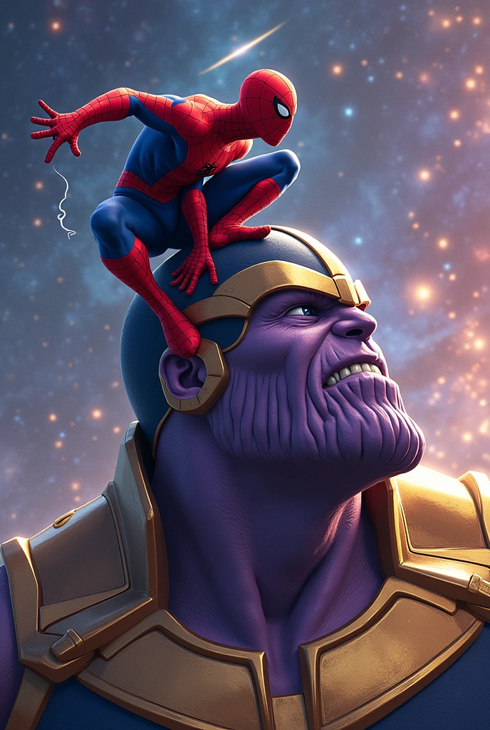 Spider-Man sitting on Thanos's head and beating him