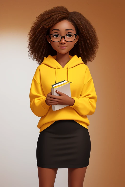 Masterpiece, 1girl, solo, 20 year old college student, she has tan-bronze skin with some freckles, short curly black hair with orange highlights, amber colored eyes, (she's wearing a yellow hoodie, black pencil skirt, reading glasses)
