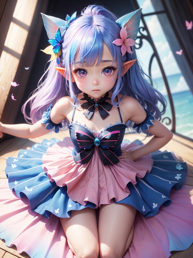 cute little Fairy, blue butterfly, Rainbow hair, pink eyes, dress pointy ears dress made of petals leaves leaning forward 大きな葉っぱに座っている
