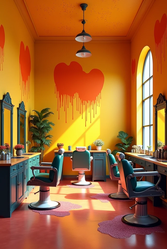 Barbershop with yellow painted walls and a design on the wall of large orange melting drops with pink glitter

