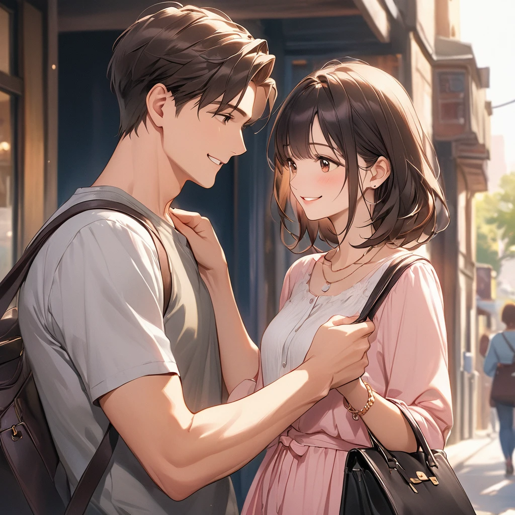 A scene with no background, focusing on the upper body of a man in his 20s kindly holding a woman's handbag for her. The woman, also in her 20s, is smiling gratefully as the man gently takes her bag. Both are dressed casually, with the man showing a warm and caring expression. The image highlights the sweet and thoughtful interaction between them, emphasizing small acts of kindness in everyday life.