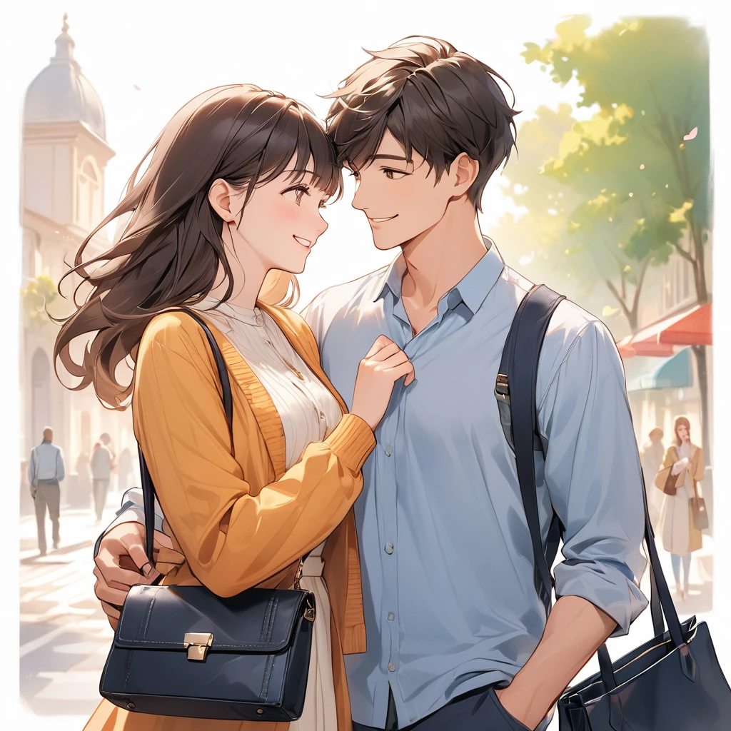 A scene with no background, focusing on the upper body of a man in his 20s kindly holding a woman's handbag for her. The woman, also in her 20s, is smiling gratefully as the man gently takes her bag. Both are dressed casually, with the man showing a warm and caring expression. The image highlights the sweet and thoughtful between them, emphasizing small acts of kindness in everyday life.