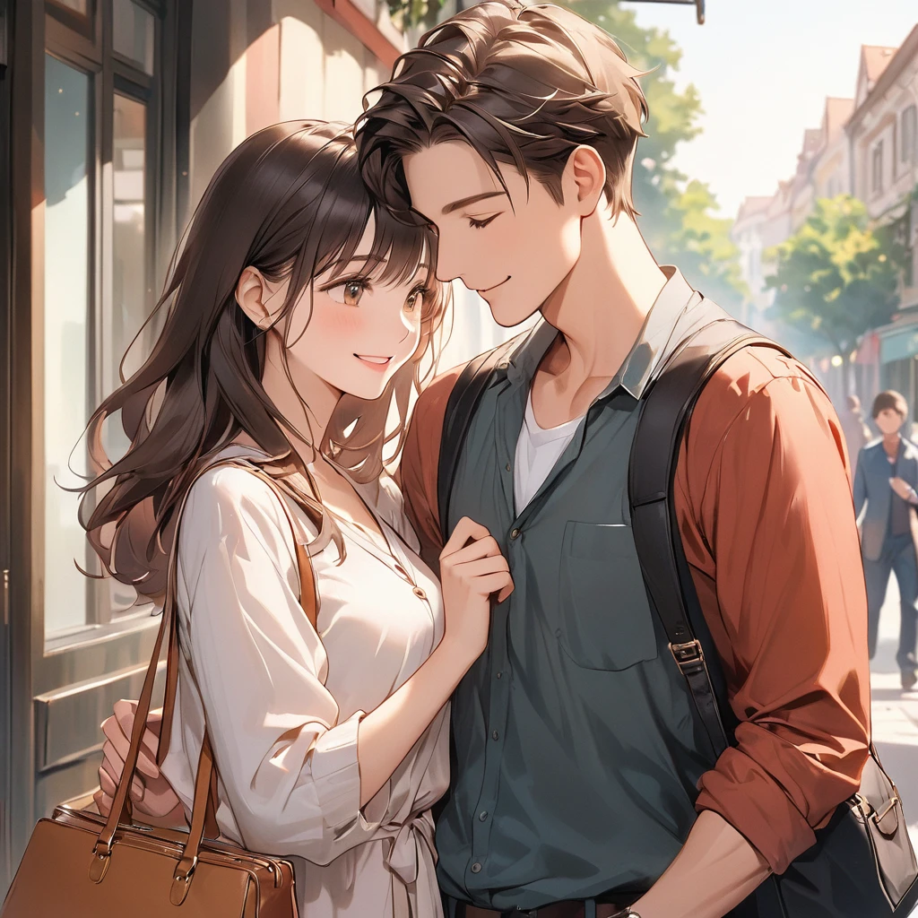 A scene with no background, focusing on the upper body of a man in his 20s kindly holding a woman's handbag for her. The woman, also in her 20s, is smiling gratefully as the man gently takes her bag. Both are dressed casually, with the man showing a warm and caring expression. The image highlights the sweet and thoughtful interaction between them, emphasizing small acts of kindness in everyday life.