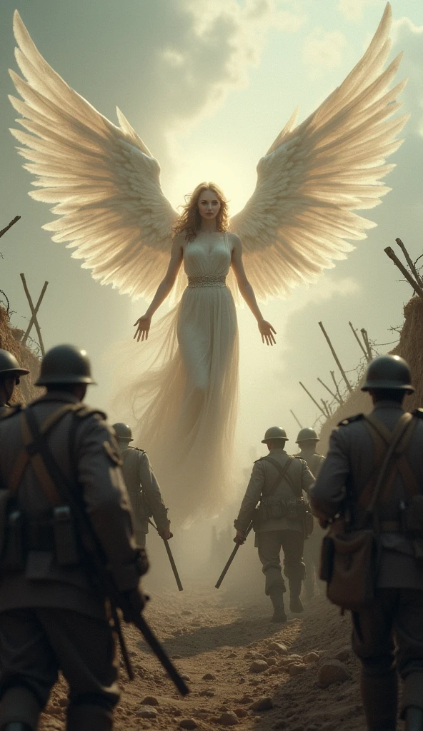 A very beautiful angel being attacked by soldiers in the trenches of World War I