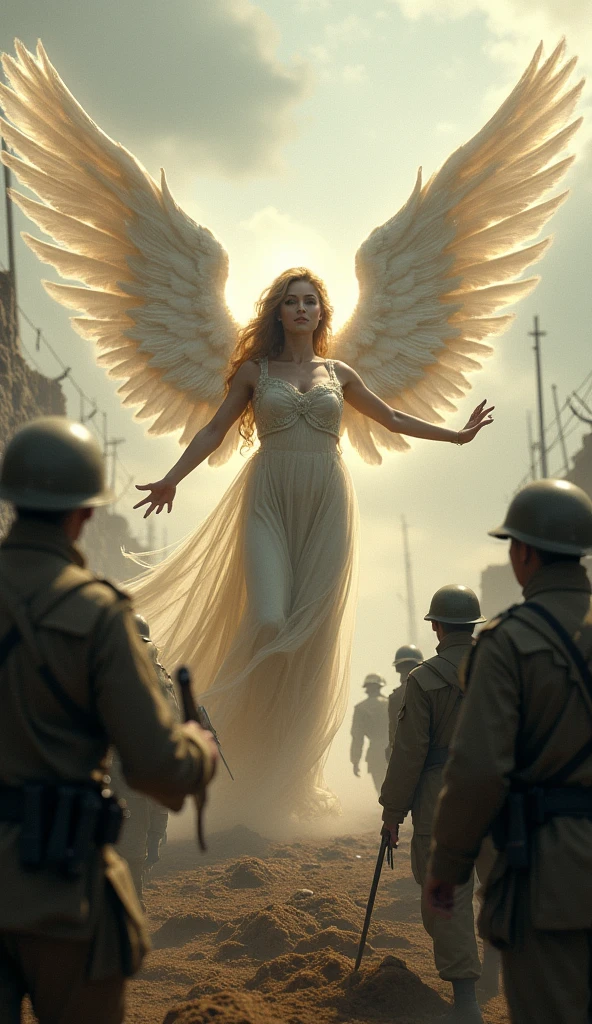 A very beautiful angel being attacked by soldiers in the trenches of World War I
