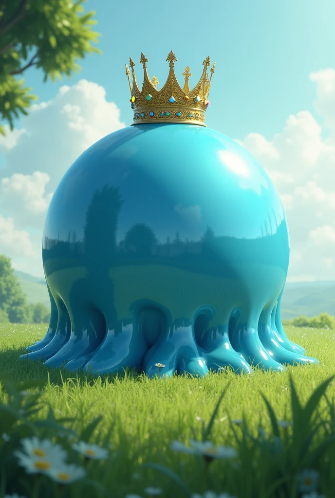A giant, faceless blue slime ball with no body, eyes, mouth, arms, or anything, just a sphere-shaped slime ball ok, with a king's crown on a grassy plain