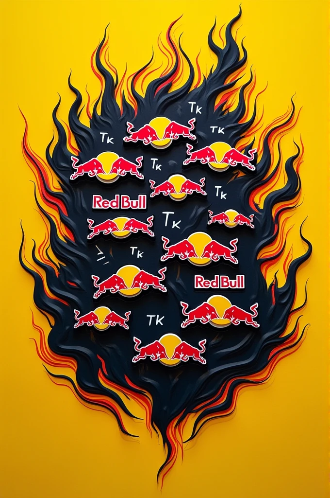 A pattern of 30 magnets with a Red Bull order and the letters TK between them on a yellow background with black flames behind the images