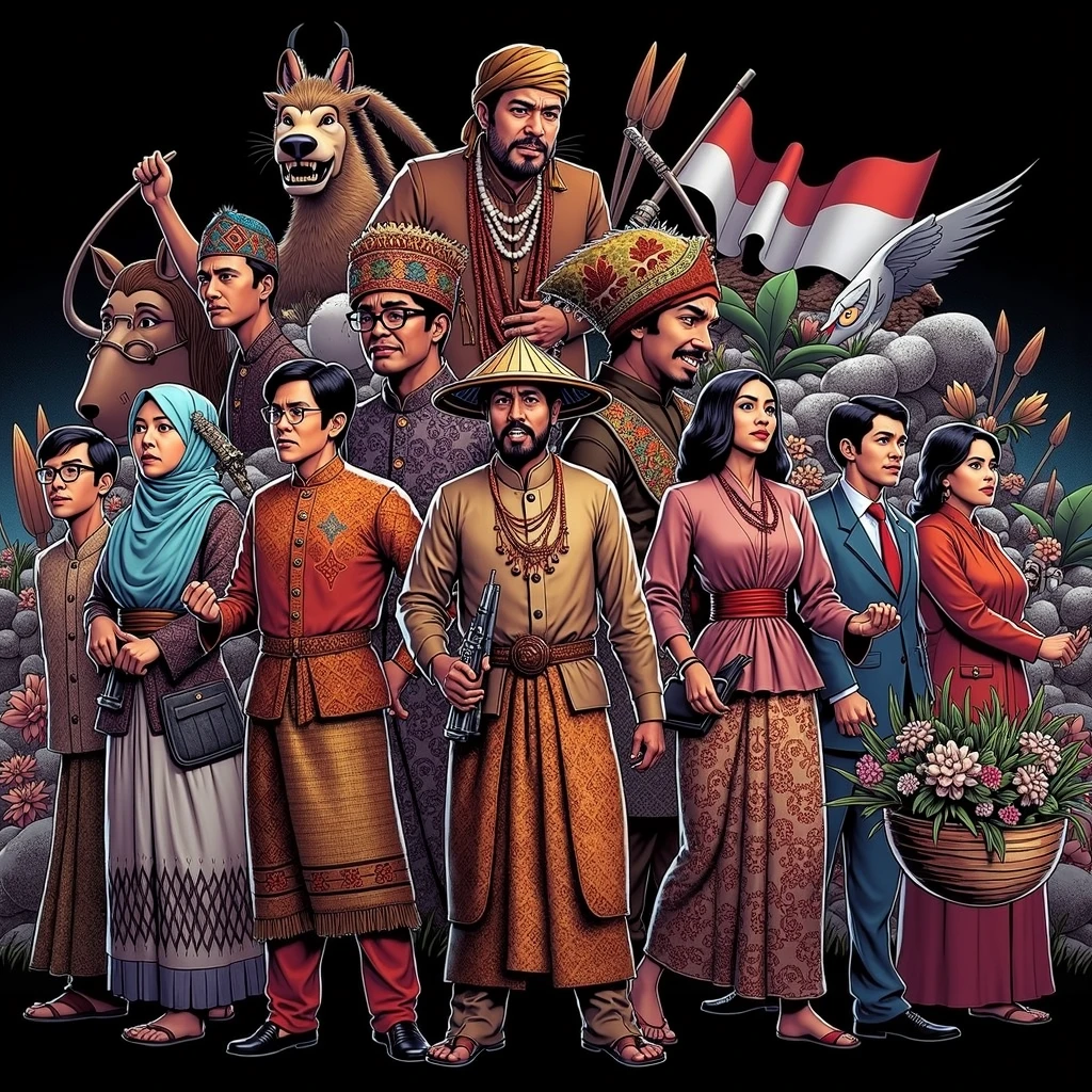 Include traditional Indonesian clothing in the satirical image of the Indonesian proverb 'Regret of wrong vote and deceived', in a photorealistic style with Studio Ghibli aesthetics and a strong influence of the hand strokes of the English color comic maestro Don Lawrence.