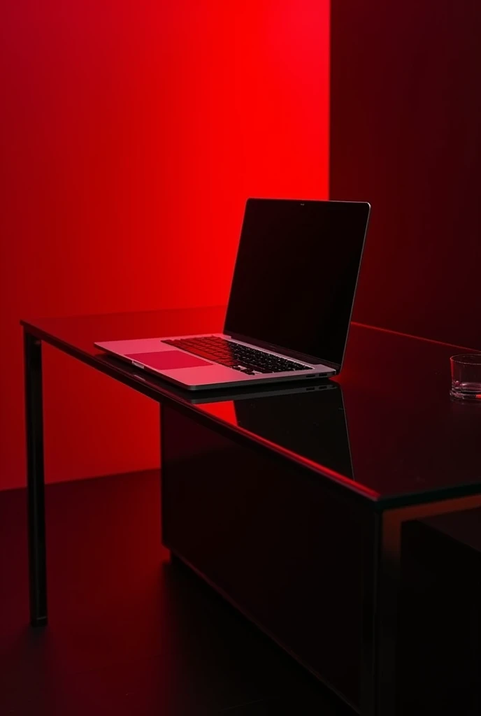 Glass desk with a laptop in a red and black environment