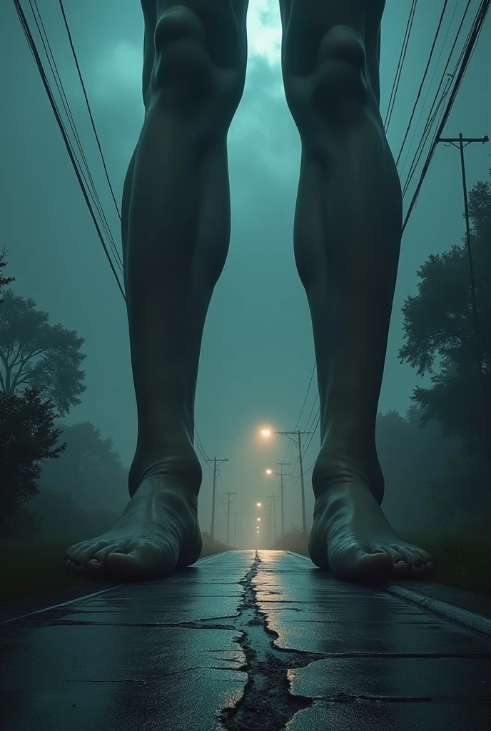 +a giant pair of legs stepping on a cracked road at night, horror scene, clay toys, (best quality,4k,8k,highres,masterpiece:1.2),ultra-detailed,(realistic,photorealistic,photo-realistic:1.37),HDR,UHD,studio lighting,ultra-fine painting,sharp focus,physically-based rendering,extreme detail description,professional,vivid colors,bokeh,horror,dark,gritty,ominous atmosphere,moody lighting,dramatic shadows,claymation,creepy,unsettling,disturbing,macabre,intense,terrifying,chiaroscuro,cinematic,suspenseful,nightmarish