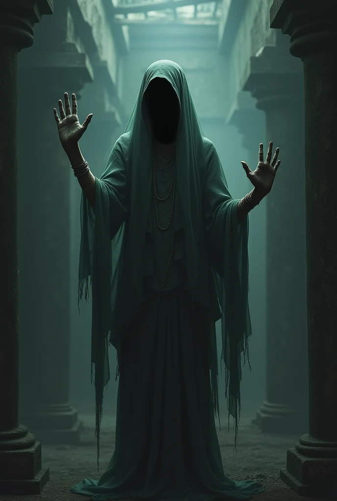 Cambodian female ghost Since she has no head, her hands are on her head. 