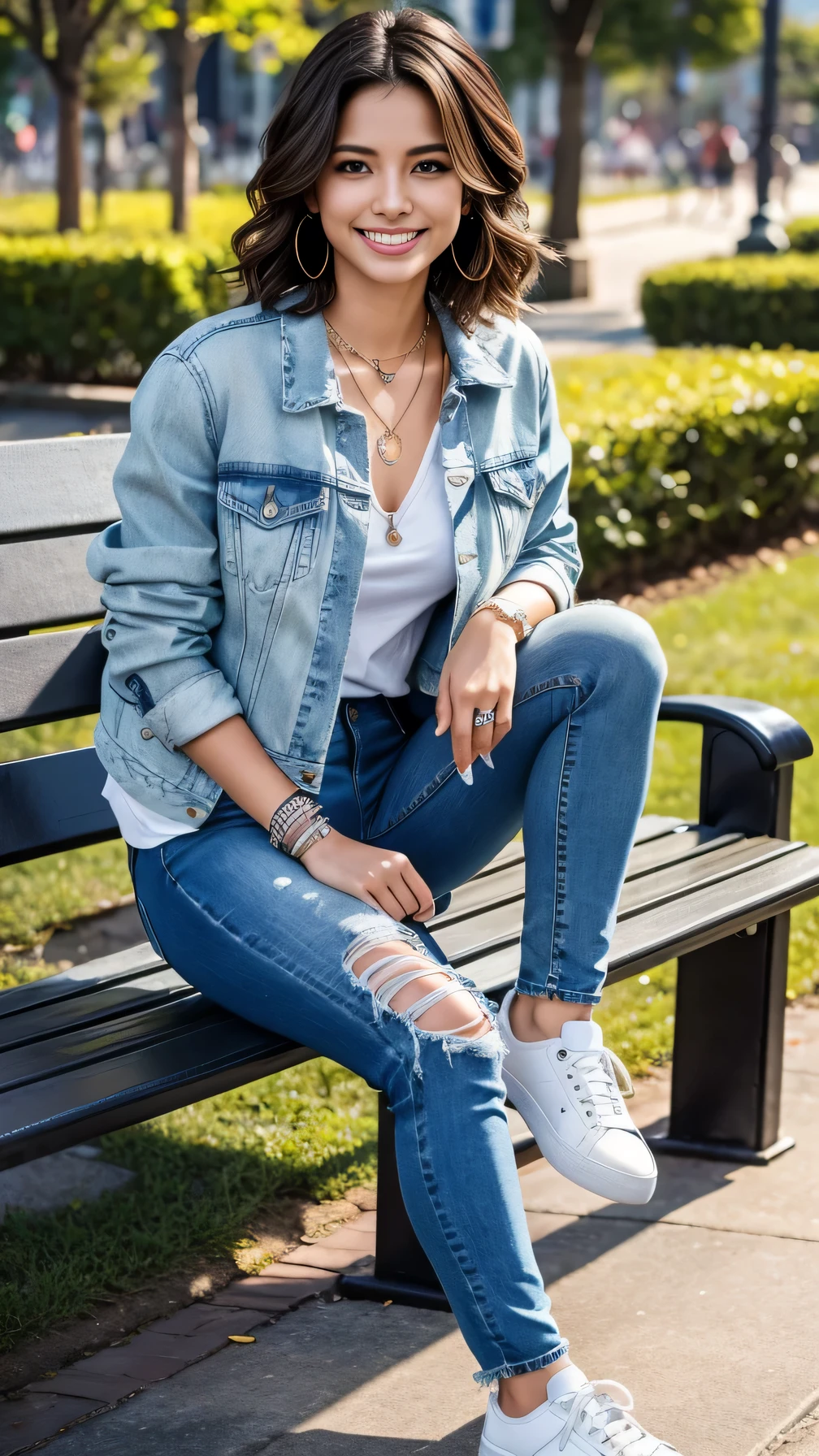 Super Resolution、beautiful Brazilian woman、Full body photo、sitting on a park bench、short hair、Wavy Hair、、ear piercing、necklace、Denim jacket、shirt、Skinny jeans、sneakers、smile、Beautiful teeth alignment
