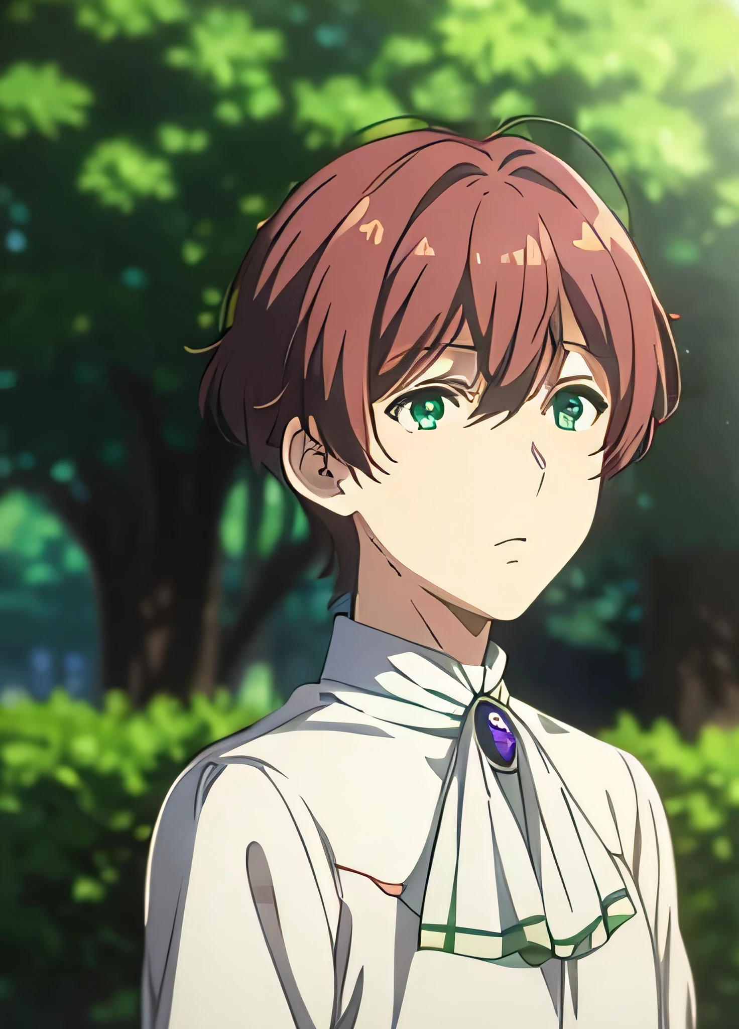 violet evergarden masterpiece, best quality, 1boy, solo, red hair, green eyes, hair between eyes, looking at viewer, bangs, outdoors, brooch, hair intakes, anime coloring, ascot, blurry background, blurry, white ascot, tree, closed mouth, portrait, daygrass, child, young boy, a 