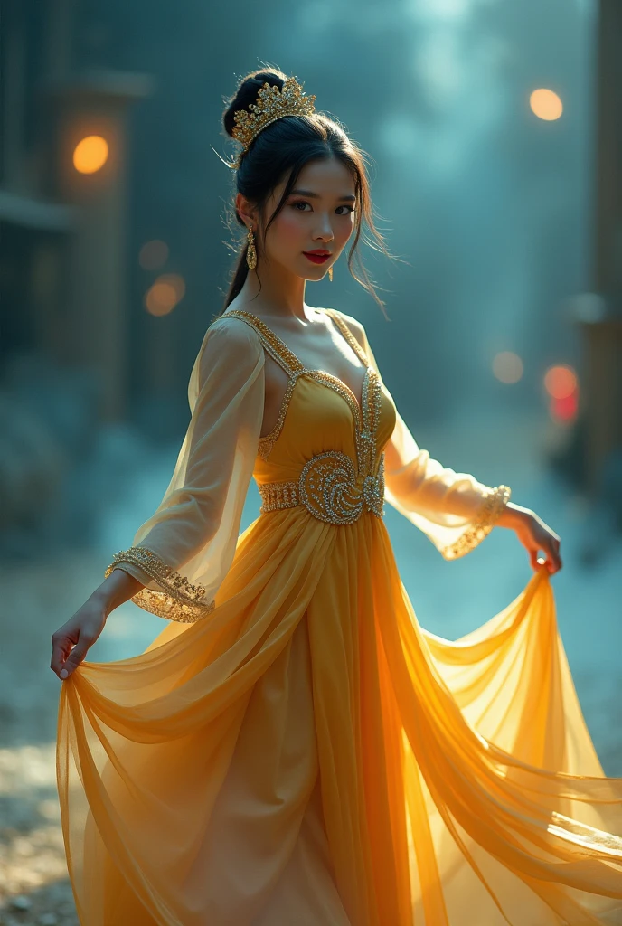 Mongolian girl with shoulder-length black hair, beautiful and shining light blue eyes, red lipstick, dancing in a pose showing her beautiful legs, with both hands holding the hem of her soft and delicate golden dress with decorations Gold beads and Swarovski diamonds create the impression of dancing and the dress is flowing open. The background is a castle at ((dark)) night which is blurred and you can see light from a distance like bokeh and light blue and turquoise mist following her steps.