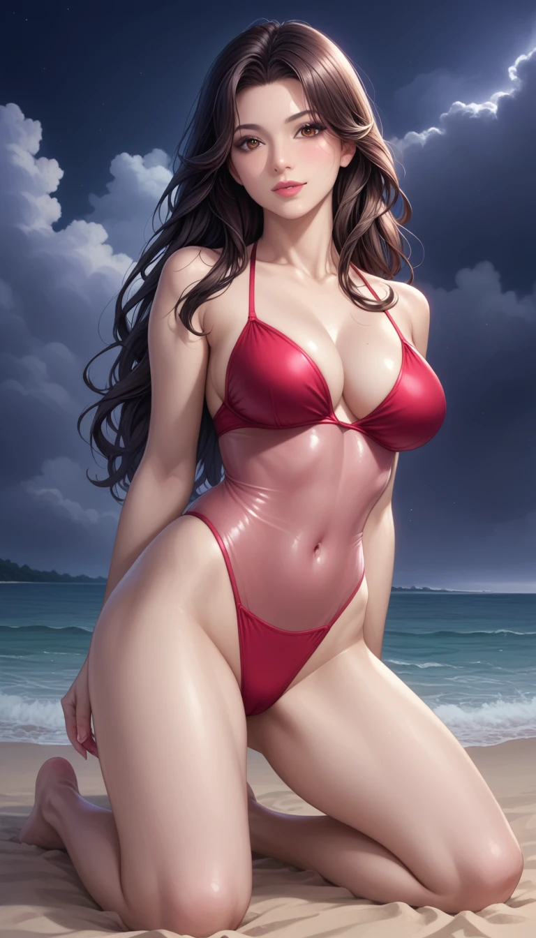 score_9, score_8_superior, score_7_superior, High-resolution CG illustration,A masterpiece in 32K resolution,Highest quality,it is really amazing,Very detailed,Ultra-high resolution,Ultra-realistic,Realistic,Increased depth of field,Cinematic lighting,
Sexy mature Japan woman,
Straight long hair with black hair,Ultra-detailed and beautiful face,Calm and gentle look,Beautiful brown eyes,Translucent white skin,Realistic skin texture,Great proportions,
Elegant red swimsuit,
Simple design,Chic color scheme based on red,Detailed fabric texture,
(Dark overcast sky on a dull night:1.1),(Dark clouds filling the sky:1.1),Thundercloud,Coastline at night,Stormy seas,delay々A desolate sandy beach that continues,
(Kneeling on the sand:1.2),