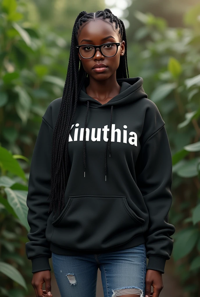 (photorealism:1.2),  beautiful black African woman,23 years,sharp boobs,,wearing jeans and a fitting hoodie written "Kinuthia", long braids,oversized black glasses, standing , plants in background,Imani lewis inspiration 

