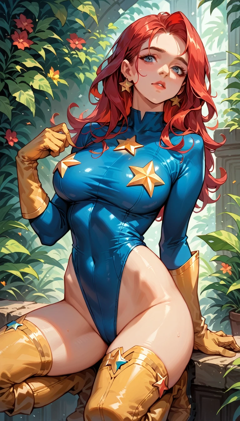 score_9, score_8_up, score_7_up, score_6_up, score_5_up, score_4_up, Sexy, Superheroine, Red hair, long hair, busty, curvy, ((blue highleg leotard with a t-back thong and a gold star insignia on chest)), gold boots, gold gloves