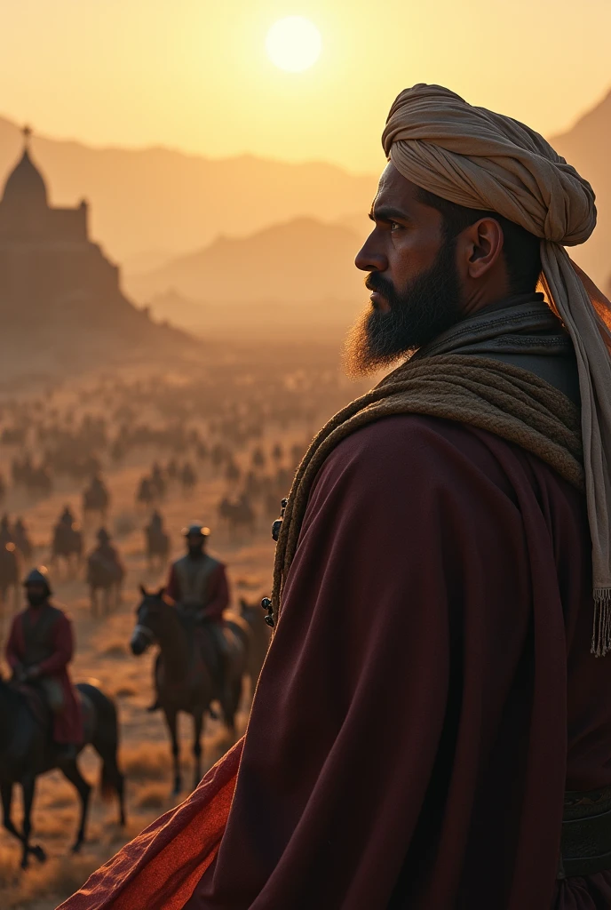 4K, dark fantasy, medieval period, the Mamluk forces gather at Ain Jalut, their leader Qutuz standing atop a big hill, surveying the approaching Mongol army down the hill looking far. The sun now higher, casting a harsh light,Camera over the shoulder close up face of mamluk leader Qutuz wearing turban standing on top of hill looking towards the coming front view mongol army on horses towards him