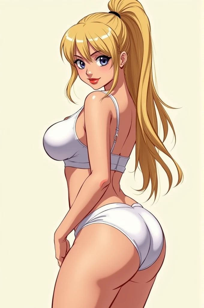A sketch of a anime style russian blonde girl with big boobs and a thin waist with a large ass and a ponytail