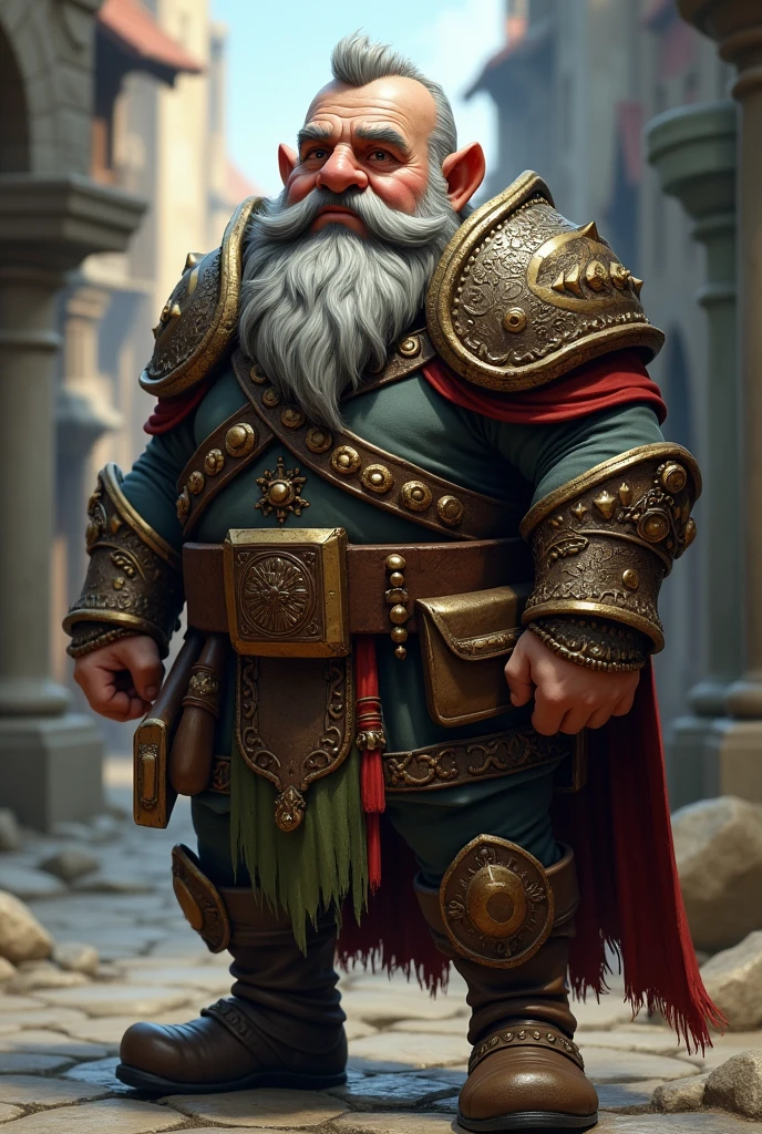 RPG dwarf with short gray hair, young face with few wrinkles and charismatic, with a beard and a large, curved nose