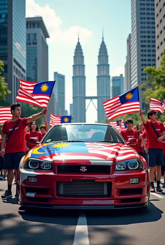 picture of a Nissan Skyline GTR R34 car with the Malaysian flag theme, and the background of the city of Kuala Lumpur, and there are people holding the flag