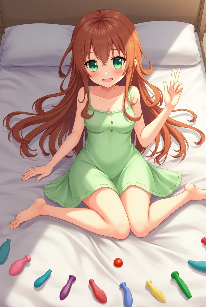 long wavy hair, chestnut hair, 1 girl, emerald eyes, waving with two fingers, pink lips, pastel green dress, She is sitting naked on a bed with her legs open and on the bed are several rubber penises of different sizes and models..
