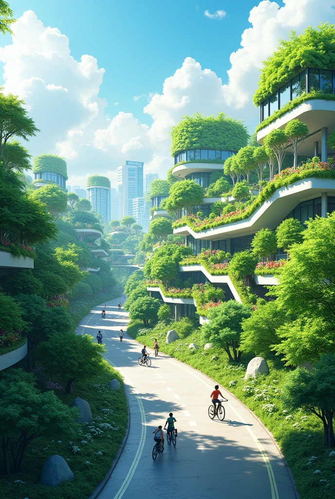 a girl rides a bicycle, in running shorts, a digital painting of a tree in the middle of a city, inspired by Zaha Hadid, futurism, elegant walkways between towers, futuristic valley, two organic looking towers, calatrava