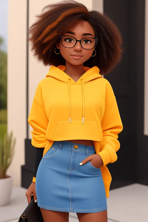 Masterpiece, 1girl, solo, 20 year old college student, she has tan-bronze skin with some freckles, short curly black hair with orange highlights, amber colored eyes, (she's wearing a yellow hoodie, black pencil skirt,  glasses)
