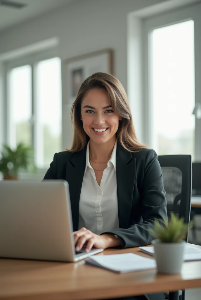 Take same model now Business working woman in usa working in laptop office asthetic