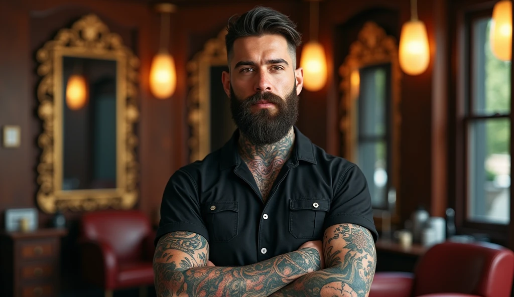 Ultrarealistic, 1792x1024: 
a heavily tattooed and pierced barber in an empty luxury barber shop room, very charismatic gay, 180 cm height, 30 years, definitely holding a barber's tool in his hand

Style
modern and atmospheric, with an emphasis on detail. The main focus is on the expressiveness of the character and the luxurious setting of the barber shop.

The angle is chosen so, to show the barber in a close-up from the waist up. This allows you to focus on his charismatic image, tattoos and piercings. The barber occupies the central place in the frame, leaning slightly towards the camera, which creates an effect of intimacy and engagement of the viewer. The background creates a random mood, conveys a sense of luxury and sophistication. This could be a view of a wall, decorated with exquisite panels made of expensive wood, with luxurious mirrors in carved frames, creating an infinity effect. or a deep perspective on a hall, where you can see chairs with upholstery made of genuine leather, carefully placed near shelves with unique accessories or bottles of elite drinks. or it's part of a stylish waiting area with soft sofas and a coffee table, on which lie magazines about fashion and style.

In some versions, the camera shows a long corridor, leading deep into the room, along which luxurious lamps and paintings are placed, which adds a special depth and mystery to the space. Either it could be a window, through which natural light flows, illuminating interior elements, executed with great attention to detail.

The color palette is kept in warm tones, in rich colors. Dark and rich colors predominate: deep brown and black interior hues, golden yellow and soft warm light accents, illuminating tattoos and details of the room. The barber's skin tone is natural, but somewhat enhanced for contrast with his dark tattoos and clothing. tattoos, In turn,, stand out in bright colors