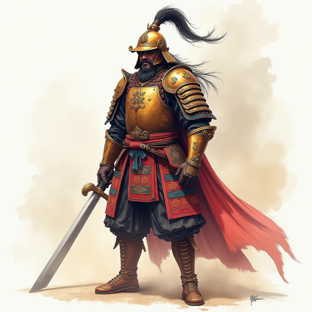 Watercolor,Fierce々A warrior from the new Romance of the Three Kingdoms,Oriental helmet,Fantasy,