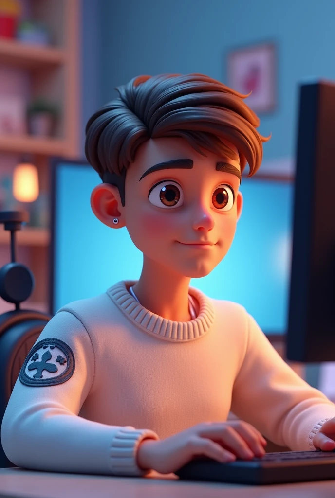 Young man , short brown hair, square face and brown eyes, wearing white sweater. with tattoo on the left arm, 3d cartoon, with small hoop earrings, in a gamer setting, using a computer.