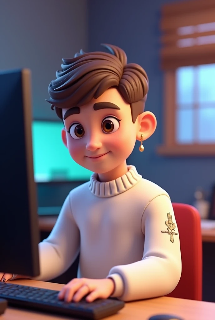 Young man , short brown hair, square face and brown eyes, wearing white sweater. with tattoo on the left arm, 3d cartoon, with small hoop earrings, in a gamer setting, using a computer.
