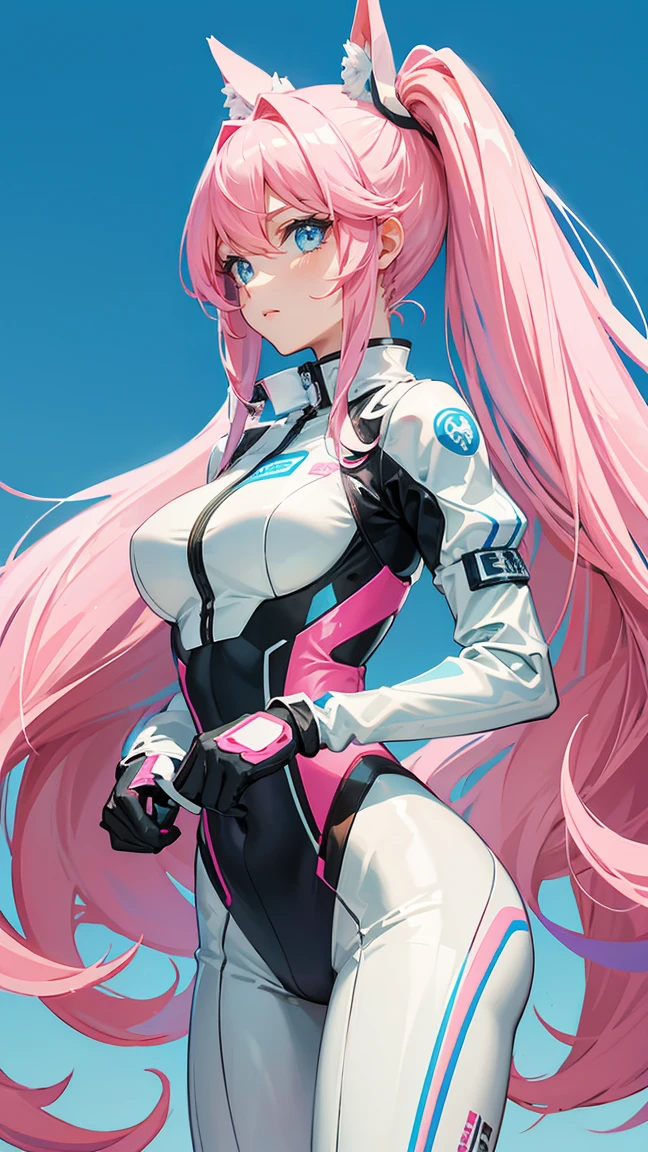 Solid color background，Long hair with double ponytails，Pink Hair，The tight white racing suit has light blue sleeves.，Blue Eyes，Stand upright，ID photo，Stand upright