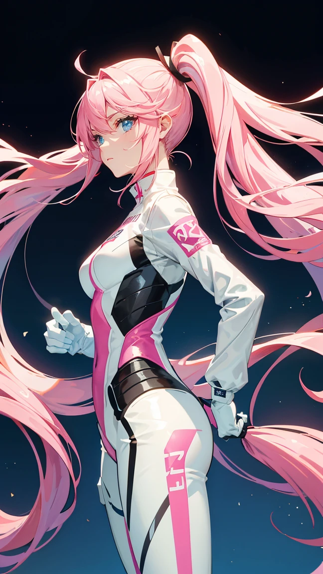 Solid color background,Long hair with double ponytails,Pink Hair,The tight white racing suit has light blue sleeves.,Blue Eyes,Stand upright,ID photo,Stand upright