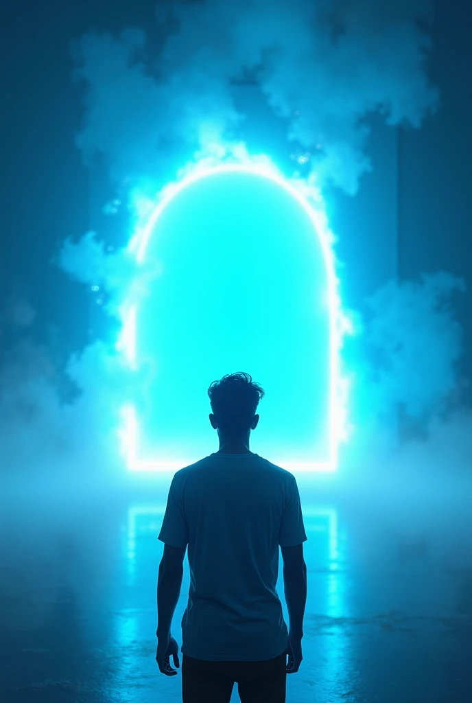 Human looking at a blue horizontal portal, realist