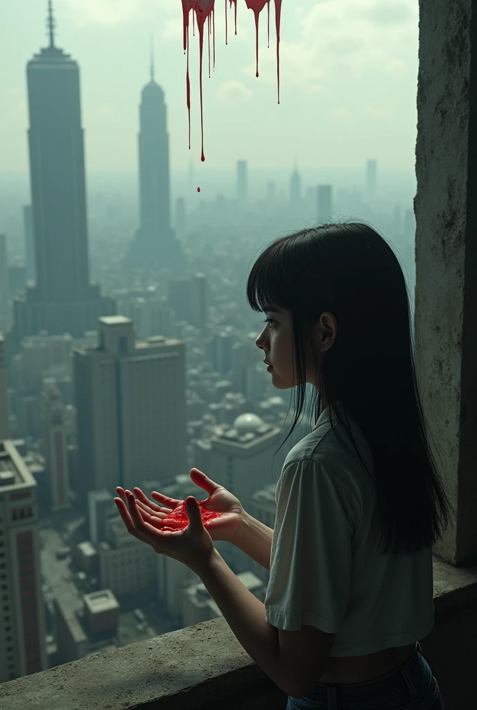 A girl looking out at the outskirts of a city, where blood falls on their hands