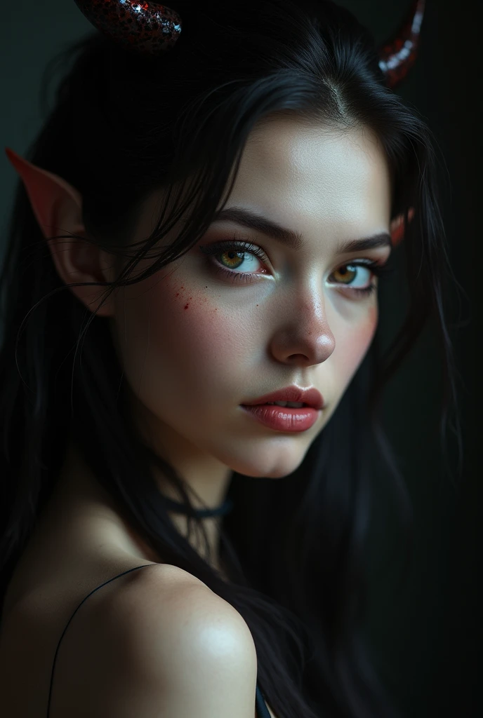 (8k, hyper realistic, photorealistic, 4k, ultra detailed, hyper detailed, sharp focus, studio lighting, glamour, beautiful girl, demon, feminine, high resolution, masterpiece)