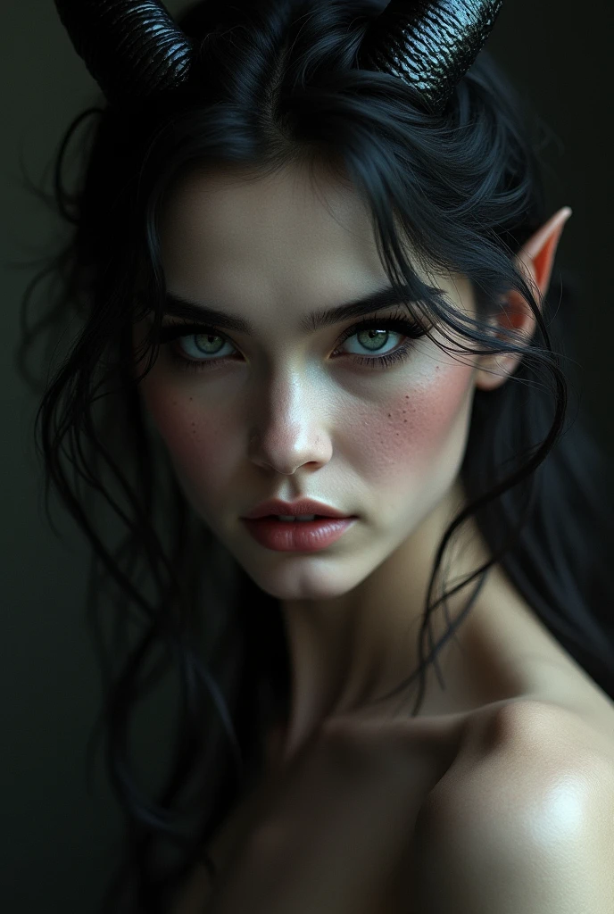 (8k, hyper realistic, photorealistic, 4k, ultra detailed, hyper detailed, sharp focus, studio lighting, glamour, beautiful girl, demon, feminine, high resolution, masterpiece)