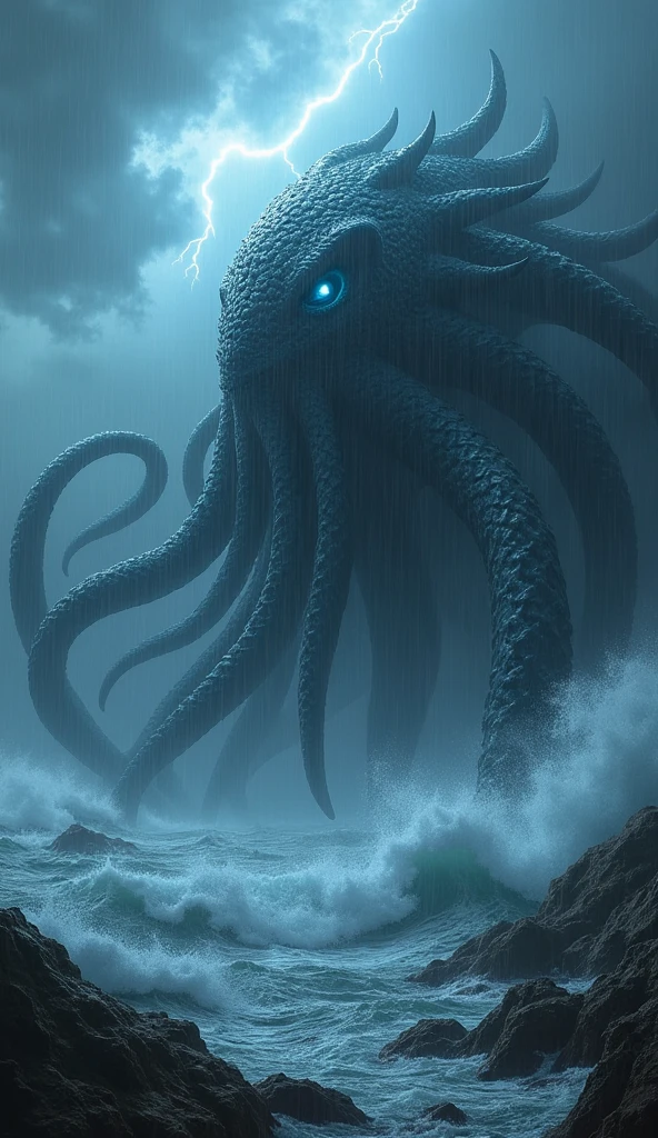 "Create an ultra-realistic, 8K resolution image of the Kraken, a massive sea monster from Norse mythology, in a vertical 9:16 aspect ratio. The Kraken is depicted as an enormous, terrifying creature emerging from the stormy sea, its numerous tentacles writhing menacingly around, towering over the turbulent waves. The creature’s rough, textured skin is dark and foreboding, blending with the stormy atmosphere, while its glowing blue eyes exude an eerie, otherworldly light.
The ocean around the Kraken is violent, with massive waves crashing against the rocks and the creature’s tentacles. The sky above is filled with dark, swirling clouds and jagged lightning bolts that illuminate the scene, adding to the chaotic and menacing environment. The entire scene is drenched in heavy rain, creating a dramatic, intense atmosphere that highlights the sheer scale and power of the Kraken. This portrayal captures the mythical terror of the Kraken as it dominates the stormy sea, making it a nightmarish force of nature."