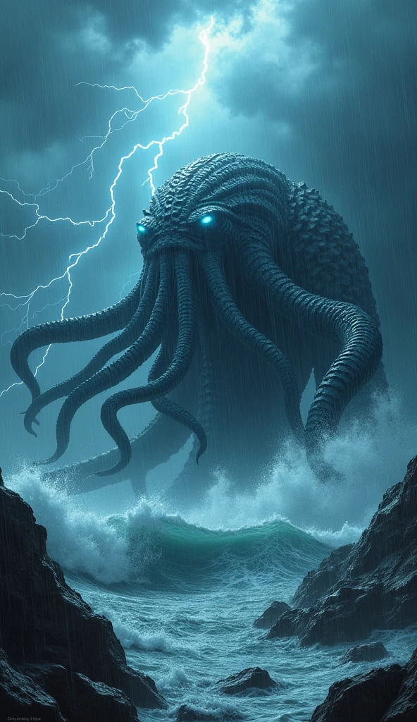 "Create an ultra-realistic, 8K resolution image of the Kraken, a massive sea monster from Norse mythology, in a vertical 9:16 aspect ratio. The Kraken is depicted as an enormous, terrifying creature emerging from the stormy sea, its numerous tentacles writhing menacingly around, towering over the turbulent waves. The creature’s rough, textured skin is dark and foreboding, blending with the stormy atmosphere, while its glowing blue eyes exude an eerie, otherworldly light.
The ocean around the Kraken is violent, with massive waves crashing against the rocks and the creature’s tentacles. The sky above is filled with dark, swirling clouds and jagged lightning bolts that illuminate the scene, adding to the chaotic and menacing environment. The entire scene is drenched in heavy rain, creating a dramatic, intense atmosphere that highlights the sheer scale and power of the Kraken. This portrayal captures the mythical terror of the Kraken as it dominates the stormy sea, making it a nightmarish force of nature."