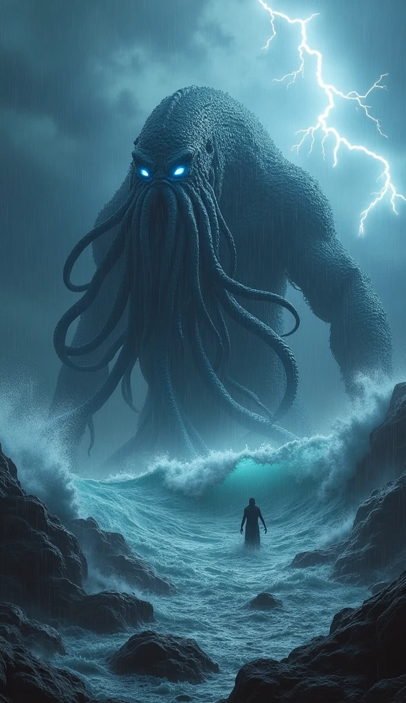 "Create an ultra-realistic, 8K resolution image of the Kraken, a massive sea monster from Norse mythology, in a vertical 9:16 aspect ratio. The Kraken is depicted as an enormous, terrifying creature emerging from the stormy sea, its numerous tentacles writhing menacingly around, towering over the turbulent waves. The creature’s rough, textured skin is dark and foreboding, blending with the stormy atmosphere, while its glowing blue eyes exude an eerie, otherworldly light.
The ocean around the Kraken is violent, with massive waves crashing against the rocks and the creature’s tentacles. The sky above is filled with dark, swirling clouds and jagged lightning bolts that illuminate the scene, adding to the chaotic and menacing environment. The entire scene is drenched in heavy rain, creating a dramatic, intense atmosphere that highlights the sheer scale and power of the Kraken. This portrayal captures the mythical terror of the Kraken as it dominates the stormy sea, making it a nightmarish force of nature."