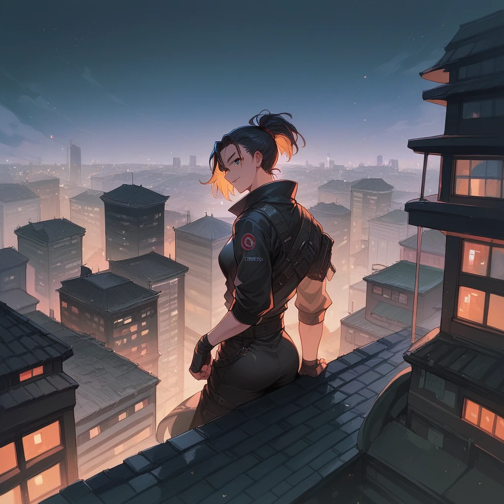 Ninja woman on a rooftop of a building with many city lights in the background