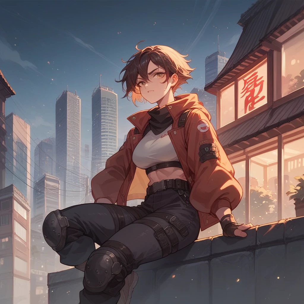 Ninja woman on a rooftop of a building with many city lights in the background