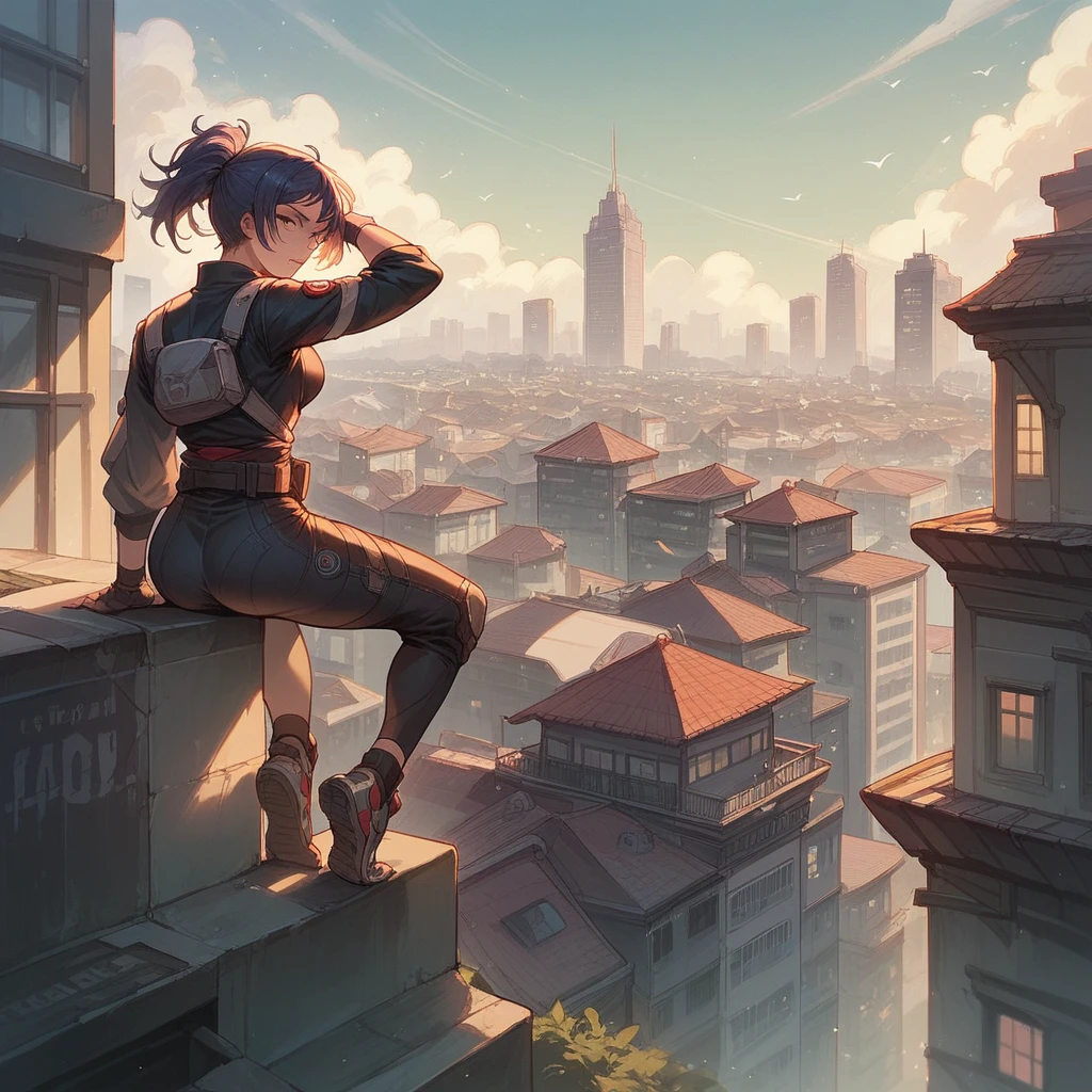 Ninja woman on a rooftop of a building with many city lights in the background 