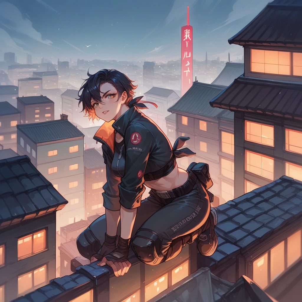 Ninja woman on a rooftop of a building with many city lights in the background 