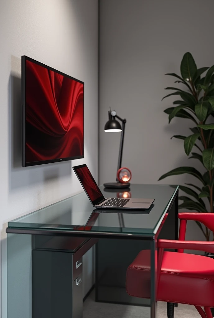 Glass desk with a laptop in a red and black setup with a monitor on the wall