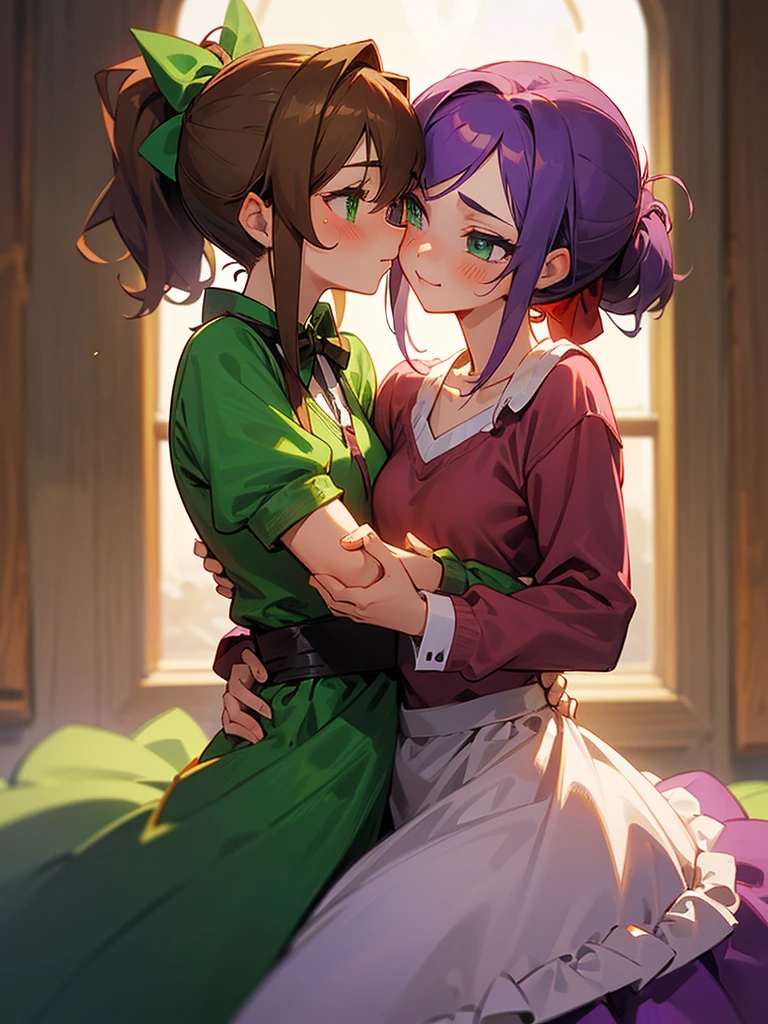 Make an image of Abigail from Stardew Valley, beautiful, wonderful, PURPLE hair, green eyes, small green hair bow, MAID outfit, cute, sweet, loving, blushing, anime version, and her girlfriend kissing (brunette with BROWN hair and ponytail and red sweatshirt) 